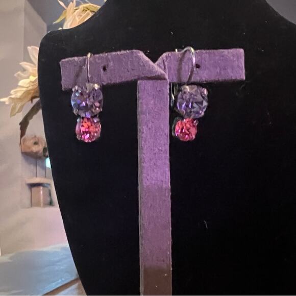 Silver Tone Purple & Pink Crystal Bling Earrings - Picture 4 of 7